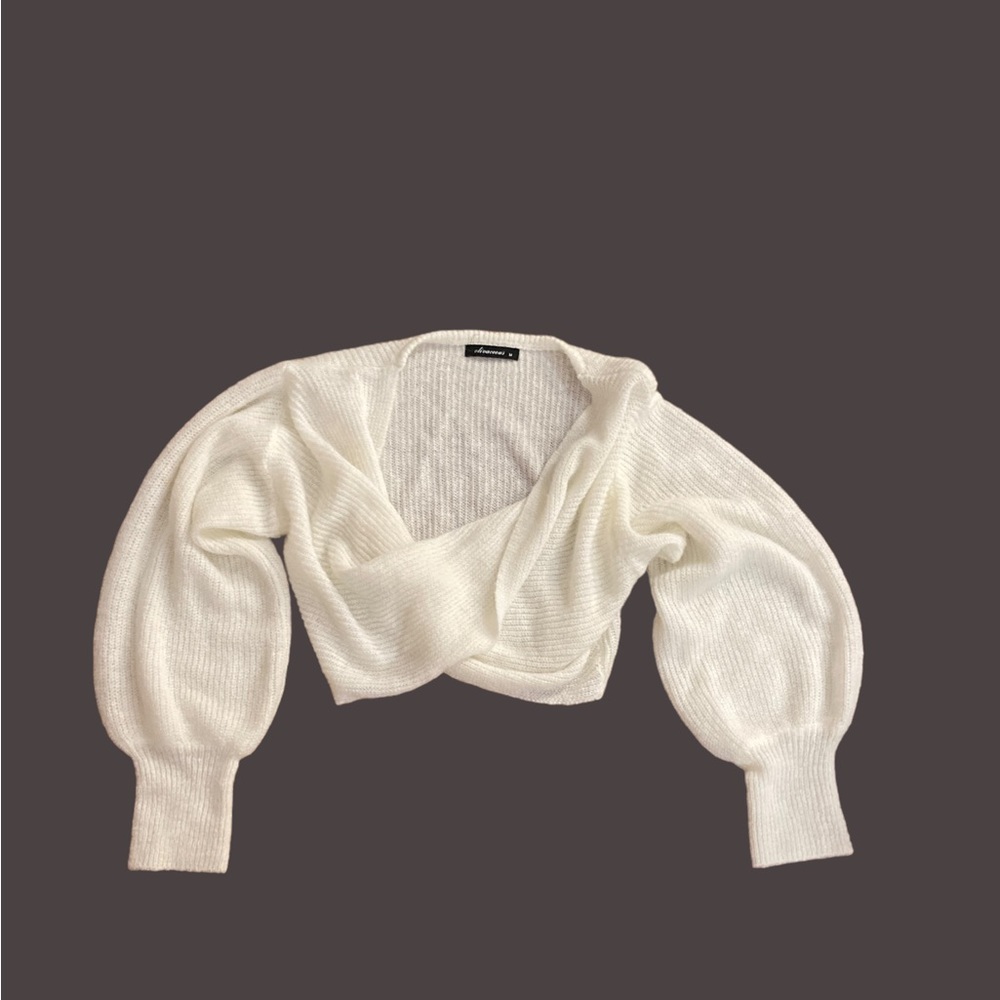 Olivaceous Cropped White Puff Sleeve Sweater- size Medium